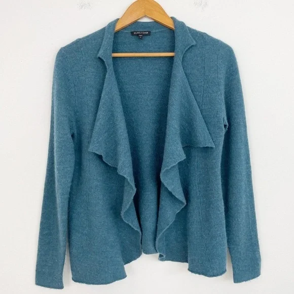 Eileen Fisher Merino Wool Teal Draped Open Front Long Sleeves Sweater Cardigan S - Picture 1 of 16
